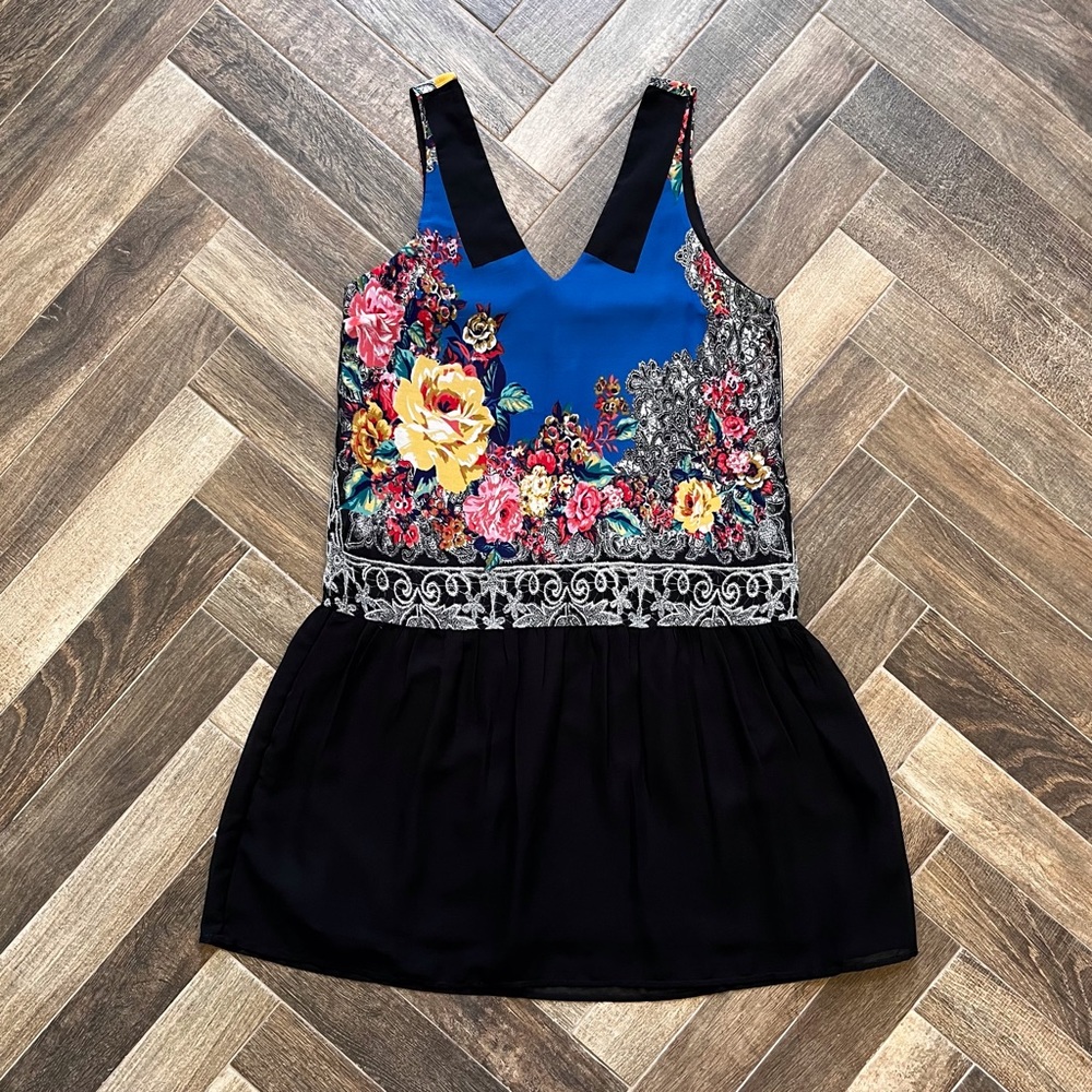 Mod Floral Blue Chiffon Bar III Mini Dress | XS